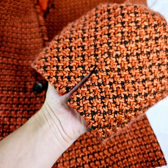 🦃 Kasper Petite Single Button Blazer Orange Black Tweed Woven Fringe Edge 12 P - Picture 7 of 11
